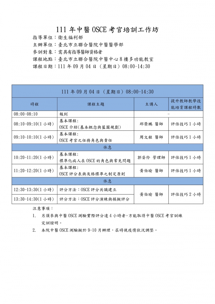 1110904_北市聯_OSCE考官培訓課程 1110904_北市聯_OSCE考官培訓課程